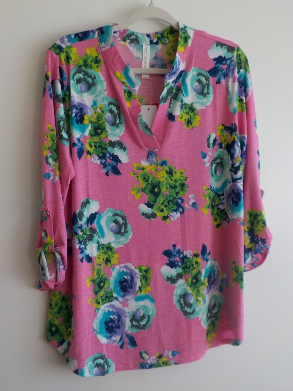 Dear Scarlett Blouse - Large - NWT Pink Green White Floral 3/4 Sleeve (2508)